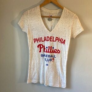 Philadelphia Phillies Women's V-Neck Tee - Cream with Red & Blue Logo